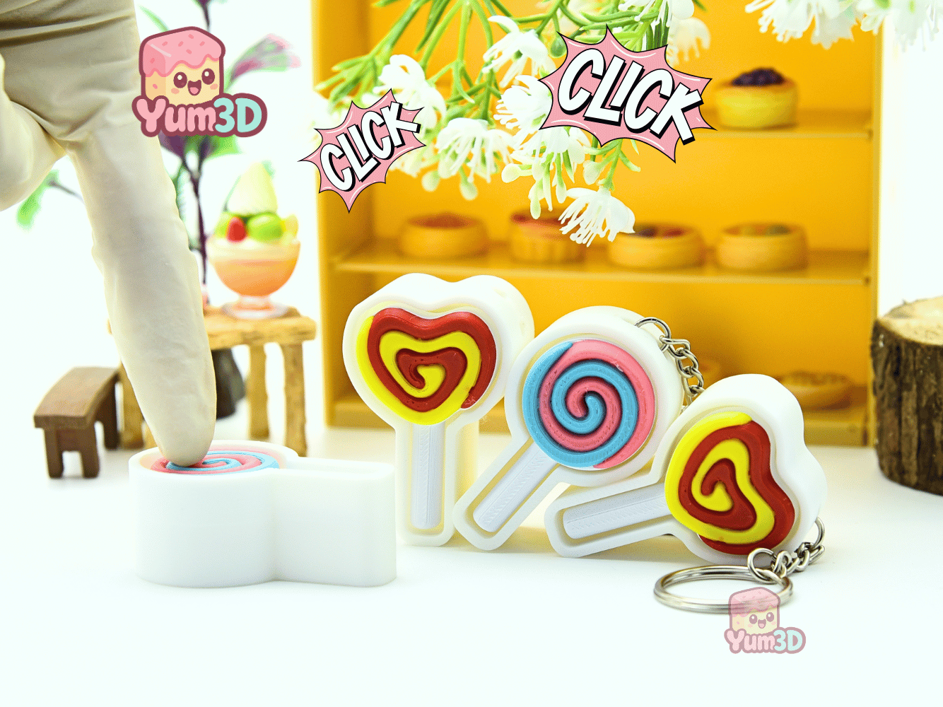 🍭 Yum3D Spring Lollipop Charm Set of Clicker Keychains - Cute